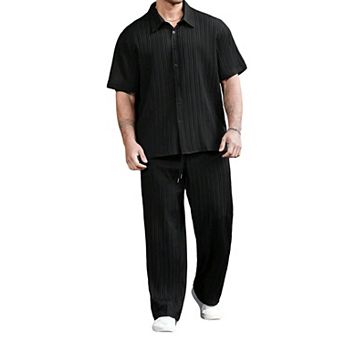 Men's 2 pc Linen Summer Vacation Outfits Short Sleeve Button Down Shirt Pants Set