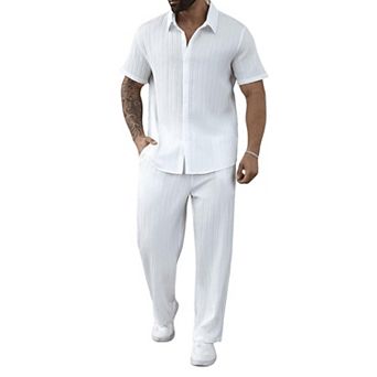 Men's 2 pc Linen Summer Vacation Outfits Short Sleeve Button Down Shirt Pants Set