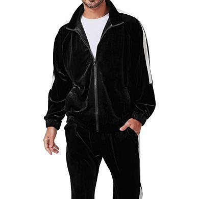 2 Pcs Men Velour Jogging Suit Full Zip Casual Jacket Pants Set