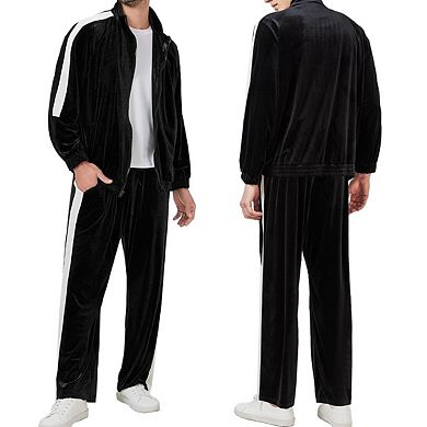2 Pcs Men Velour Jogging Suit Full Zip Casual Jacket Pants Set