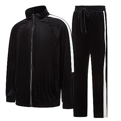 2 Pcs Men Velour Jogging Suit Full Zip Casual Jacket Pants Set
