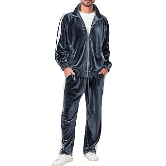 2 pc Men Velour Jogging Suit Full Zip Casual Jacket Pants Set