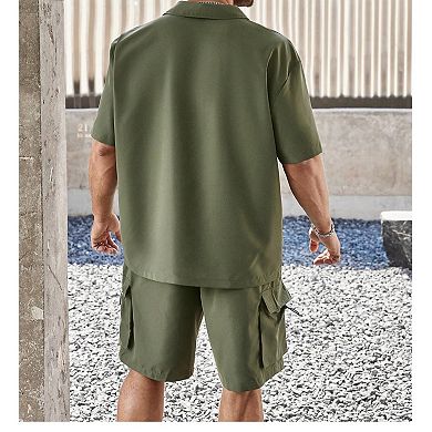 2 Pcs Men's Plus Size Collared Short Sleeve Shirt Shorts Set