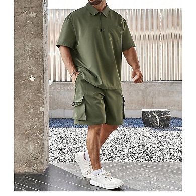 2 Pcs Men's Plus Size Collared Short Sleeve Shirt Shorts Set
