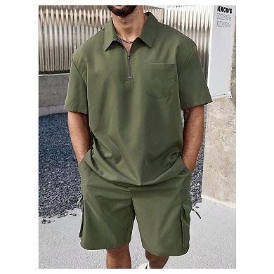 2 Pcs Men's Plus Size Collared Short Sleeve Shirt Shorts Set