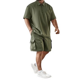 2 pc Men's Plus Size Collared Short Sleeve Shirt Shorts Set