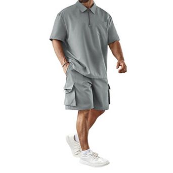 2 pc Men's Plus Size Collared Short Sleeve Shirt Shorts Set