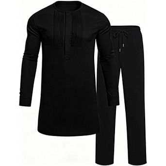 Men 2 pc Traditional Dashiki Suit Pleated Button Shirt Pants Outfit