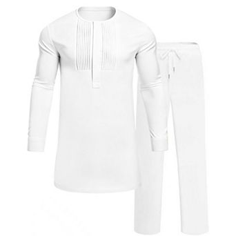 Men 2 pc Traditional Dashiki Suit Pleated Button Shirt Pants Outfit