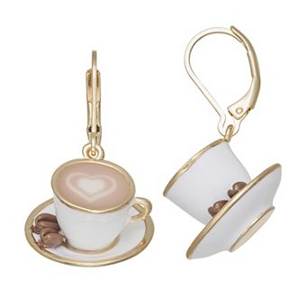 Napier Gold Tone Enamel Coffee Cup Drop Leverback Earrings