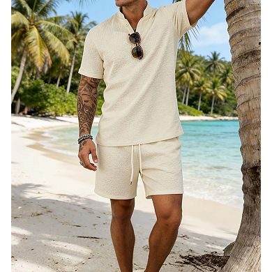 2 Pcs Men's Summer Vacation Outfits Henley Shirt Shorts Set