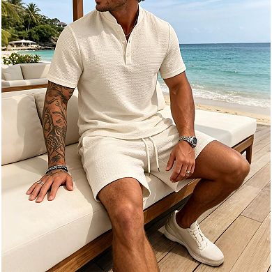 2 Pcs Men's Summer Vacation Outfits Henley Shirt Shorts Set