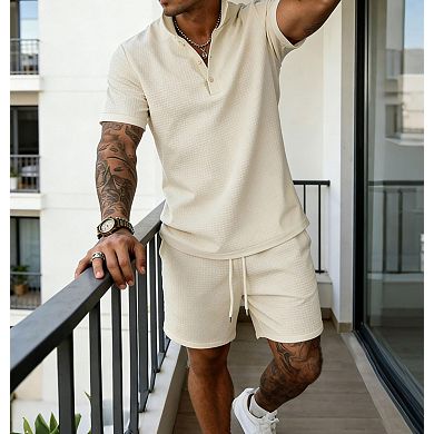 2 Pcs Men's Summer Vacation Outfits Henley Shirt Shorts Set
