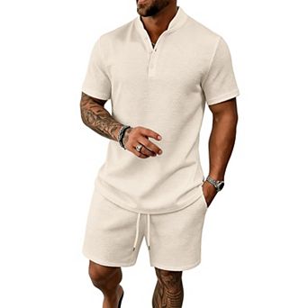 2 pc Men's Summer Vacation Outfits Henley Shirt Shorts Set