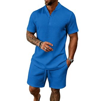 2 pc Men's Summer Vacation Outfits Henley Shirt Shorts Set