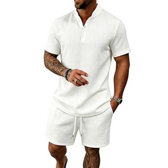 2 pc Men's Summer Vacation Outfits Henley Shirt Shorts Set