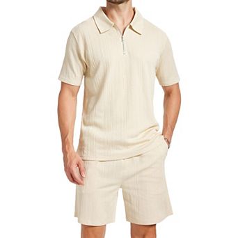 2 pc Men's Summer Vacation Quarter Zip Polo Shirt Shorts Set Casual Wear