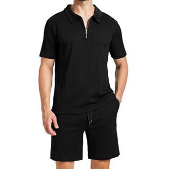 2 pc Men's Summer Vacation Quarter Zip Polo Shirt Shorts Set Casual Wear