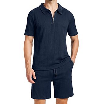2 pc Men's Summer Vacation Quarter Zip Polo Shirt Shorts Set Casual Wear