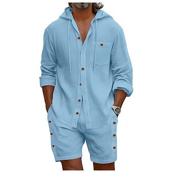2 pc Men Linen Outfit Long Sleeve Shirt Beach Shorts Casual Vacation Set
