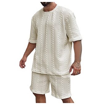 Big and Tall Men Summer Cable Knit Linen Short Set Casual Vacation Outfits