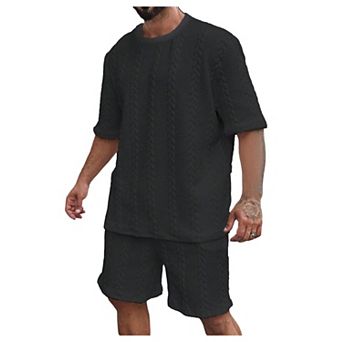 Big and Tall Men Summer Cable Knit Linen Short Set Casual Vacation Outfits