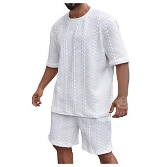Big and Tall Men Summer Cable Knit Linen Short Set Casual Vacation Outfits