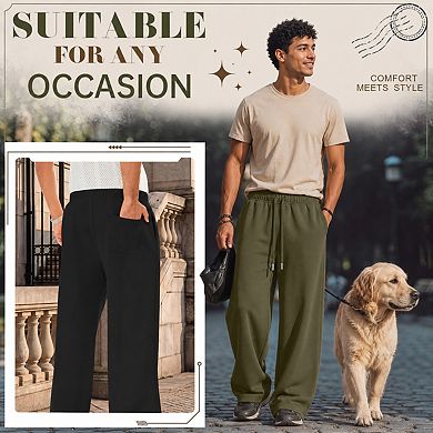 2-Pack Men's Baggy Wide Leg Open Bottom Athletic Joggers With Drawstring Pockets