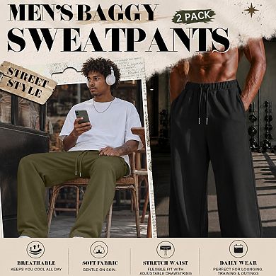 2-Pack Men's Baggy Wide Leg Open Bottom Athletic Joggers With Drawstring Pockets