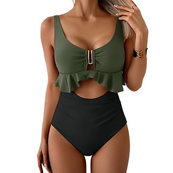 Women's High Waist Ruffled Cutout One Piece Swimsuit for Beach Pool