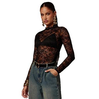 Womens Mesh Lace Long Sleeve Mock Neck See Through Shirts Casual Bodysuit