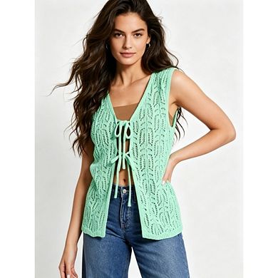 Women's Crochet Knit Vest Eyelet Tie Front Sleeveless Openwork Cardigan Top
