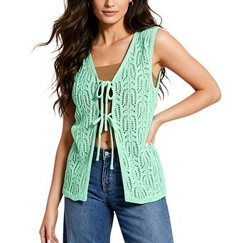 Women's Crochet Knit Vest Eyelet Tie Front Sleeveless Openwork Cardigan Top