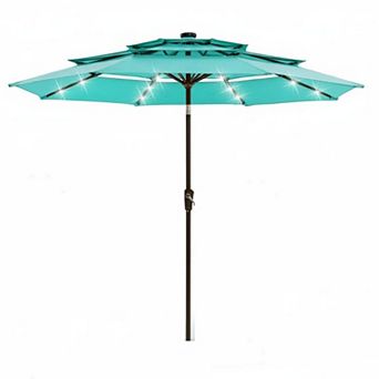 10ft 3 tier Solar Patio Umbrella with 24 LED Lights Waterproof UV-Protection Canopy, Easy Crank