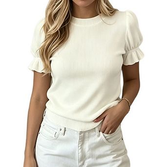 Women's Crew Neck Puff Sleeve Knit Top Ruffle Cuff Ribbed Slim Fit Short Sleeve Sweater