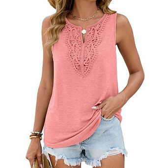 Women's Boho Lace Crew Neck Sleeveless Elegant Casual Embroidered Tank Top