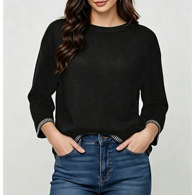 Women's 3/4 Sleeve Crew Neck Knit Sweater Casual Striped Cuff Loose Pullover Top