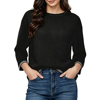 Women's 3/4 Sleeve Crew Neck Knit Sweater Casual Striped Cuff Loose Pullover Top