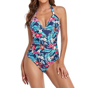 Women's Halter Deep V One Piece Swimsuit Tummy Control Ruched Slim Bathing Suit
