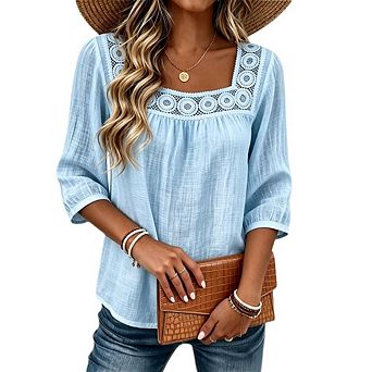 Women's Boho 3/4 Sleeve Square Neck Lace Crochet Blouse Textured Linen Look Casual Loose Top