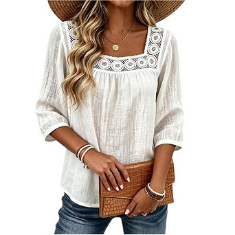 Women's Boho 3/4 Sleeve Square Neck Lace Crochet Blouse Textured Linen Look Casual Loose Top