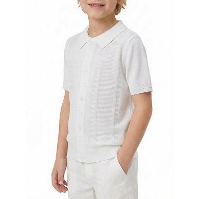 Boys' Short-Sleeve Knit Shirt Retro Full-Button Polo Cardigan