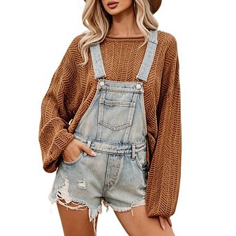 Women's Adjustable Strap Denim Overalls Vintage Casual Distressed Frayed Hem Shortalls
