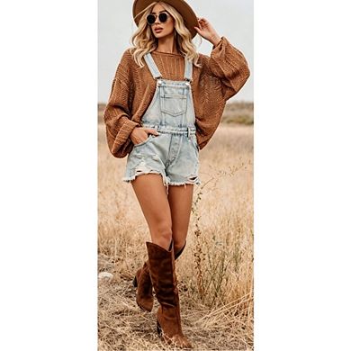Women's Adjustable Strap Denim Overalls Vintage Casual Distressed Frayed Hem Shortalls