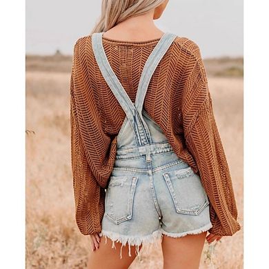 Women's Adjustable Strap Denim Overalls Vintage Casual Distressed Frayed Hem Shortalls