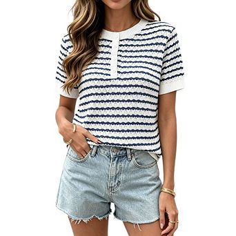 Women's Striped Hollow Knit Henley Top Crew Neck Short Sleeve Loose Casual Sweater Tee