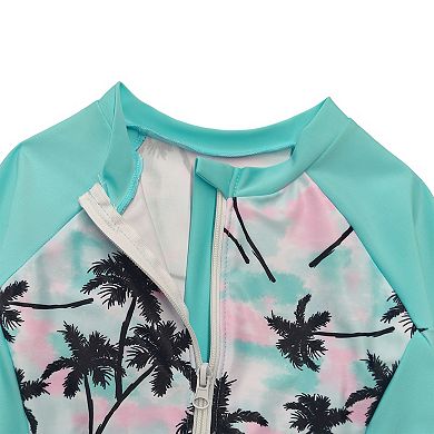 Girls' One-Piece Rash Guard Swimsuit Printed Half-Zip Monokini