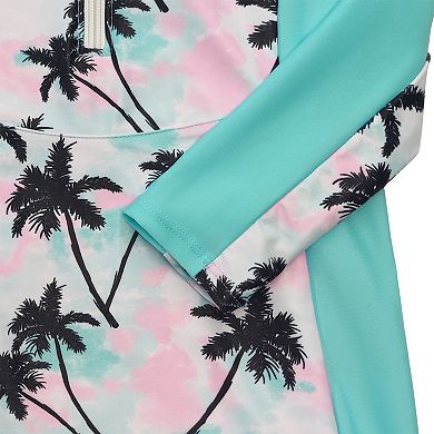 Girls' One-Piece Rash Guard Swimsuit Printed Half-Zip Monokini