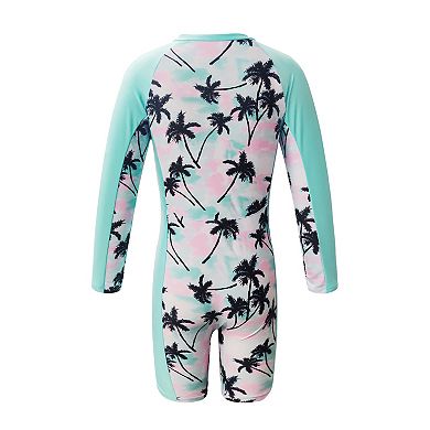 Girls' One-Piece Rash Guard Swimsuit Printed Half-Zip Monokini