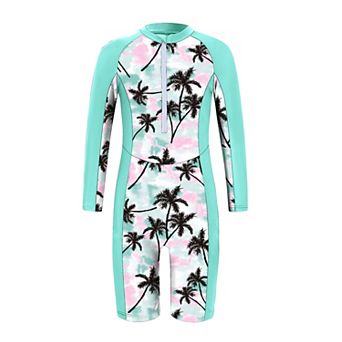 Girls' One-Piece Rash Guard Swimsuit Printed Half-Zip Monokini